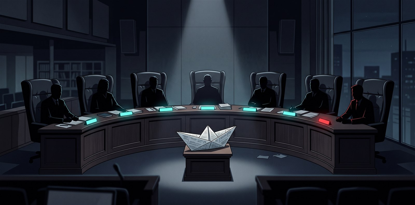 A dark courtroom at night: seven shadowed figures on a curved judicial bench, six teal verdict lights and one red, judging a paper boat folded from a pitch document